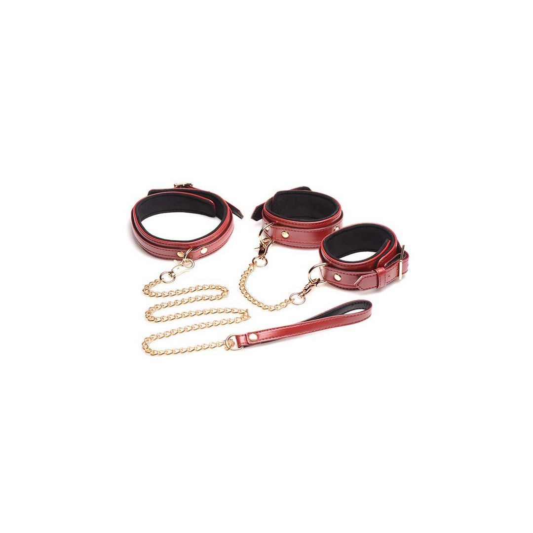 XR Brands Set de bondage 6 piezas burdeos con esposas, collar y correa