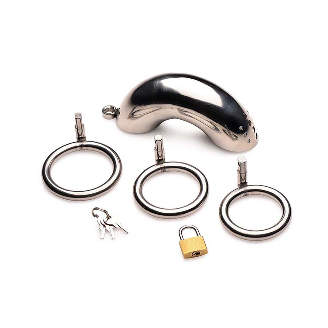 XR Brands Forged Captor - Jaula de Castidad de Acero Inoxidable con 3 Anillos