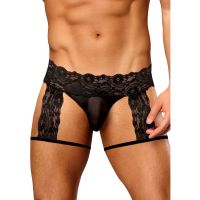 Male Power Scandal-Lace Tanga con ligas - S/M - Negro