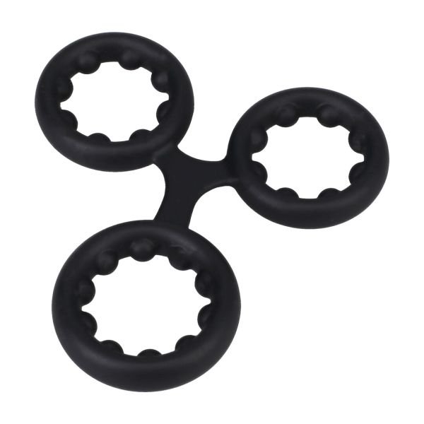 Doc Johnson Cockring triple de silicona Triple Stamina con bolas de metal - Negro