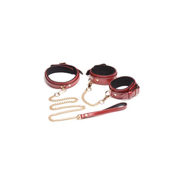 XR Brands Set de bondage 6 piezas burdeos con esposas, collar y correa
