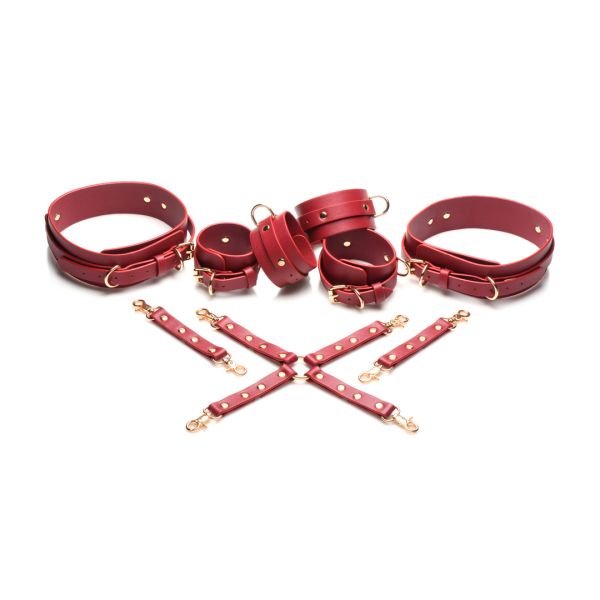 XR Brands Crimson Captive - Ataduras hogtie para muslos, muñecas y tobillos - Rojo