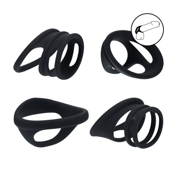 Levelz Set de 4 anillos de silicona para pene y testículos - Negro