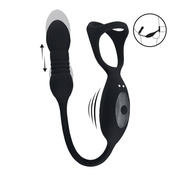 Levelz Cockring Tri O de silicona con vibración y vaivén y estimulador de próstata - Negro