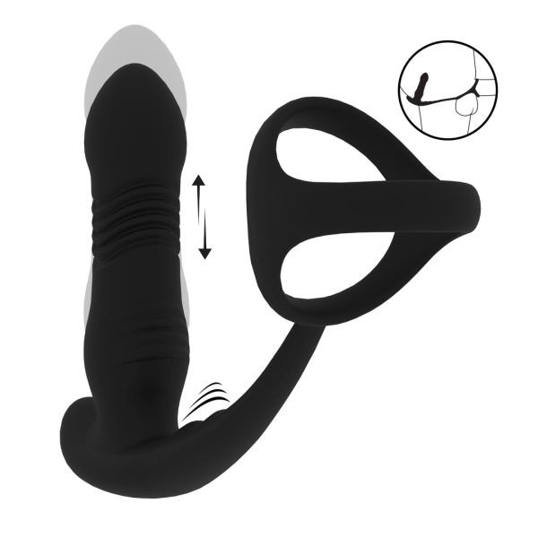 Levelz Masajeador de próstata de silicona con vibración y vaivén y cockring Tri O - Negro