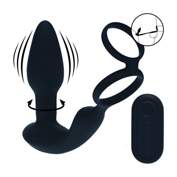 Levelz Estimulador de próstata de silicona con doble vibración, bolas giratorias, mando a distancia y anillo para pene y testículos - Negro