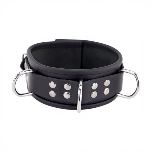 Red Leather Collar de cuero con 3 anillas en D - Negro